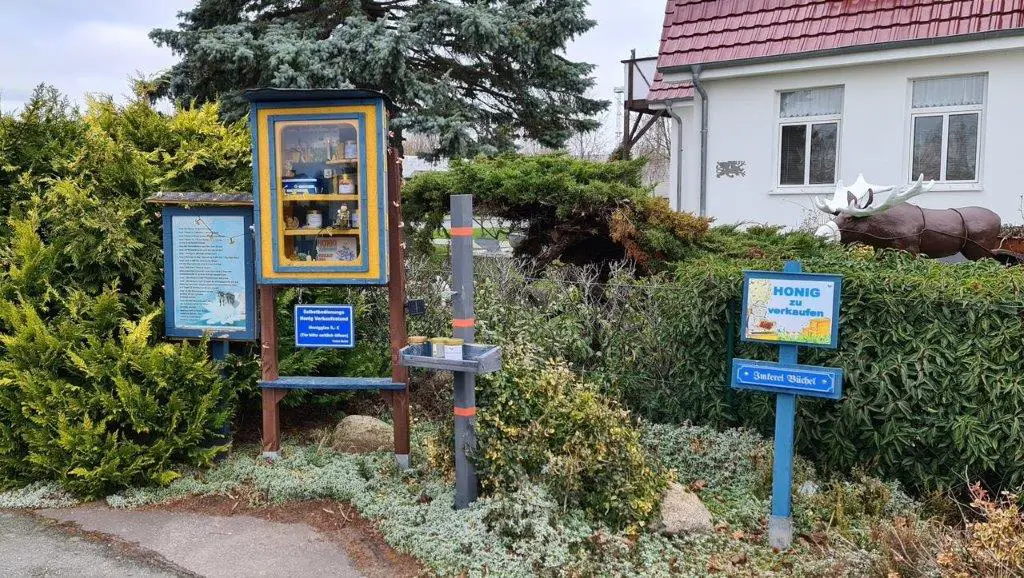 Honig Drive-in Verkaufsstand mit Vitrinen voller Honiggläser in Rostock-Krummendorf
