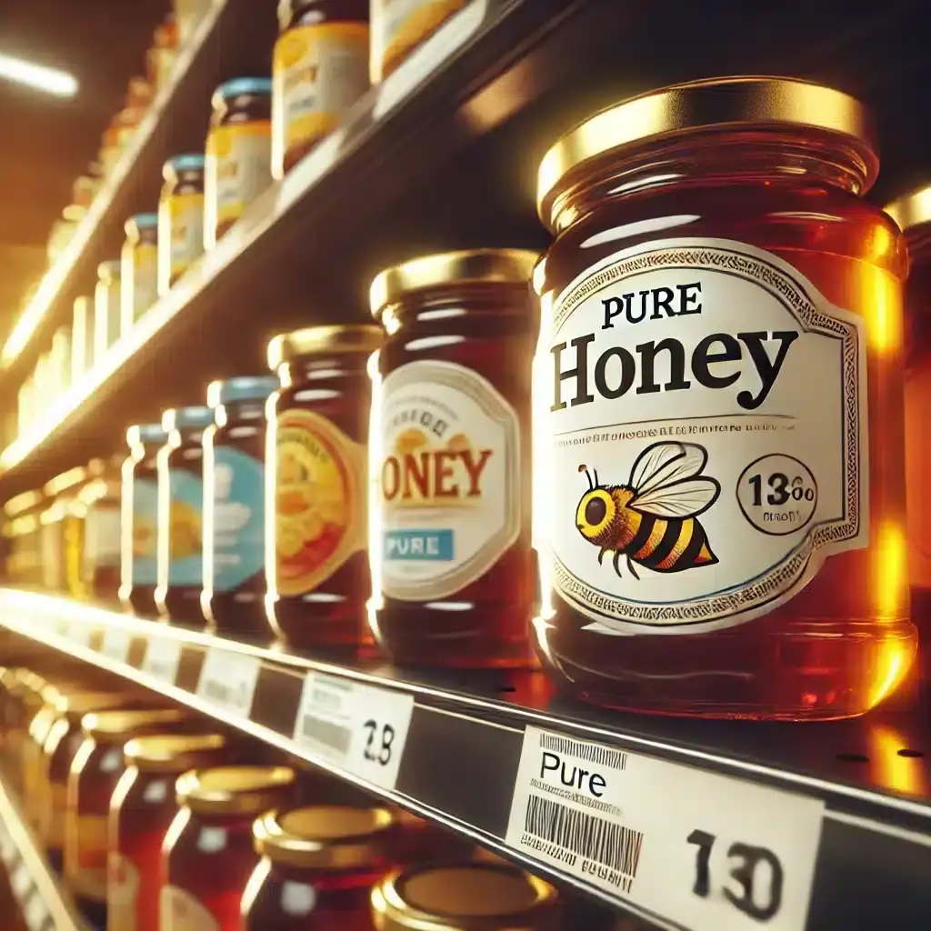 Supermarkt-Regal mit verschiedenen Honiggläsern industrieller Hersteller