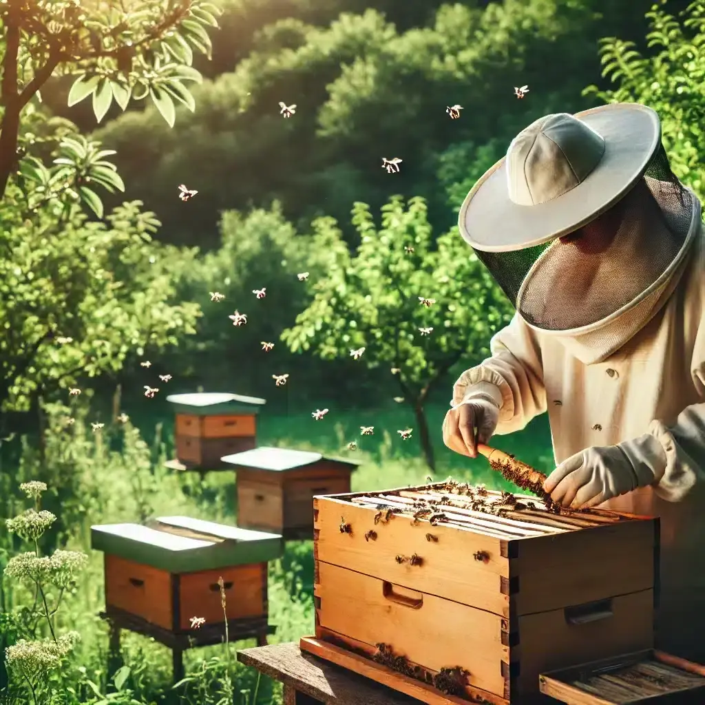 Stilisierte Darstellung eines Imkers bei der Arbeit am Bienenstand